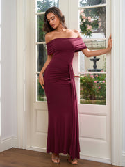 Off Shoulder Ruched Ribbon Trim Solid Dress