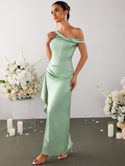 Off Shoulder Side Ruffle Slit Hem Satin Dress