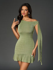 Off Shoulder Sleeveless Asymmetrical Hem Solid Dress