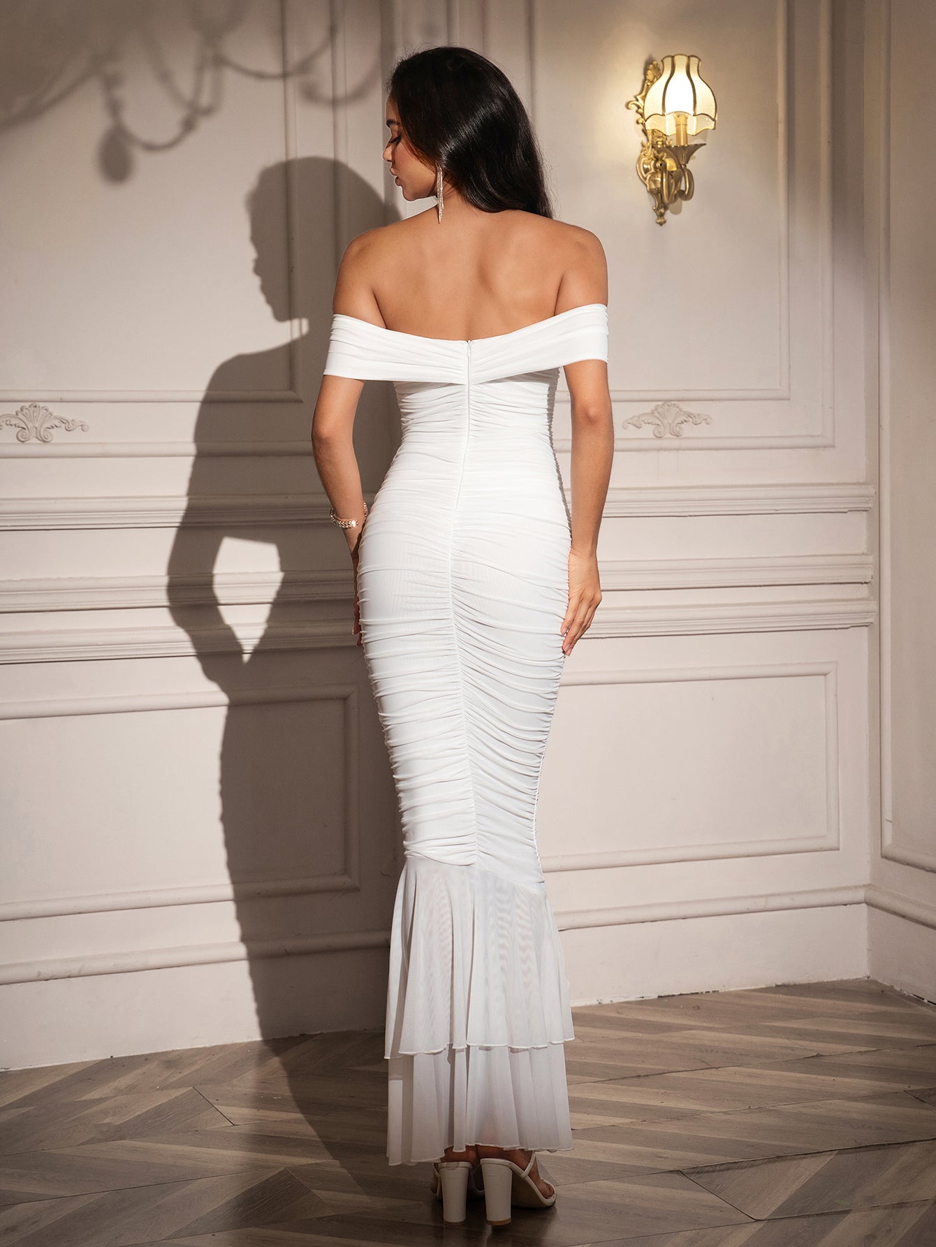 Off Shoulder Zipper Back Ruched Maxi Dress