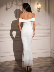 Off Shoulder Zipper Back Ruched Maxi Dress