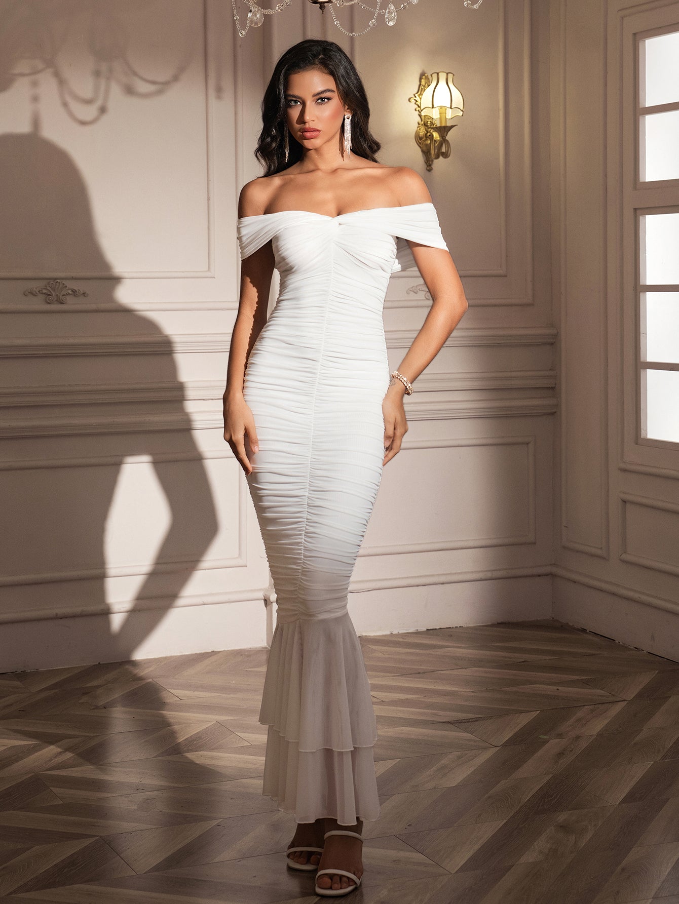 Off Shoulder Zipper Back Ruched Maxi Dress