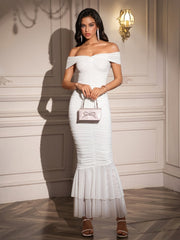 Off Shoulder Zipper Back Ruched Maxi Dress