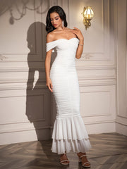 Off Shoulder Zipper Back Ruched Maxi Dress