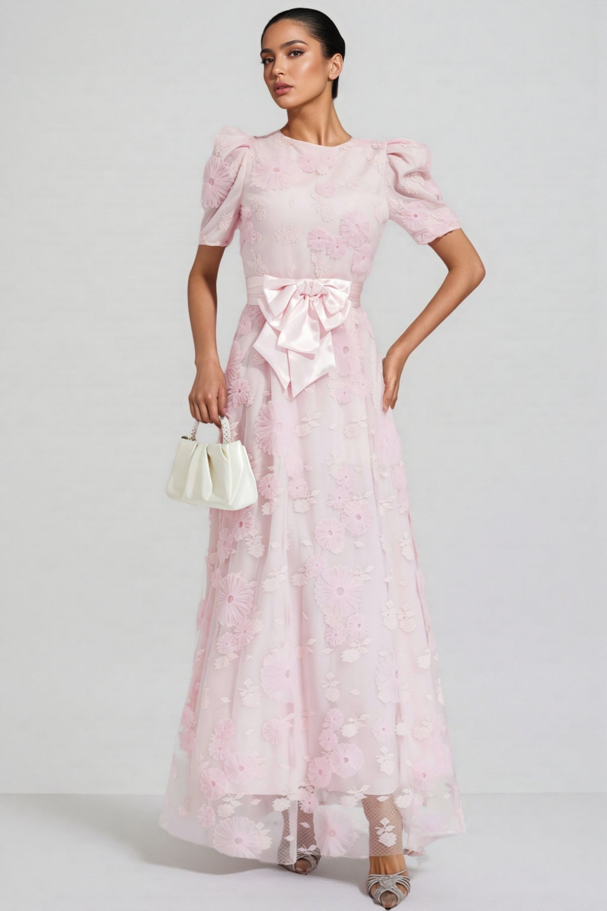 Yelen Pink Bow 3D Flower Maxi Dress