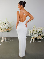 One Shoulder Backless Side Slit Hem Dress