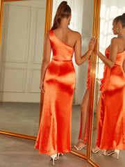 One Shoulder Cut Out Satin Slit Dress