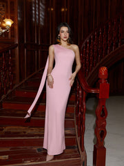 One Shoulder Decoration Trim Solid Bodycon Dress