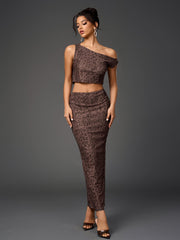 One Shoulder Draped Tie Backless Top&Mesh Print Bodycon Skirt