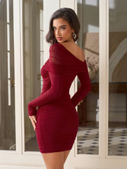 One Shoulder Ruched  Bodycon Mesh Mini Dress