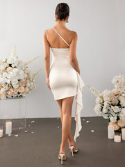 One Shoulder Ruched Embellished Bodycon Dress