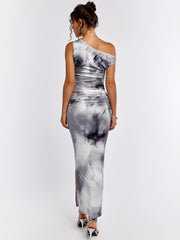 One Shoulder Ruched Floral Top&Ruched Bodycon Skirt