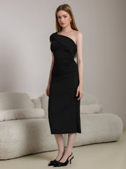 One Shoulder Ruched Solid Midi Dress