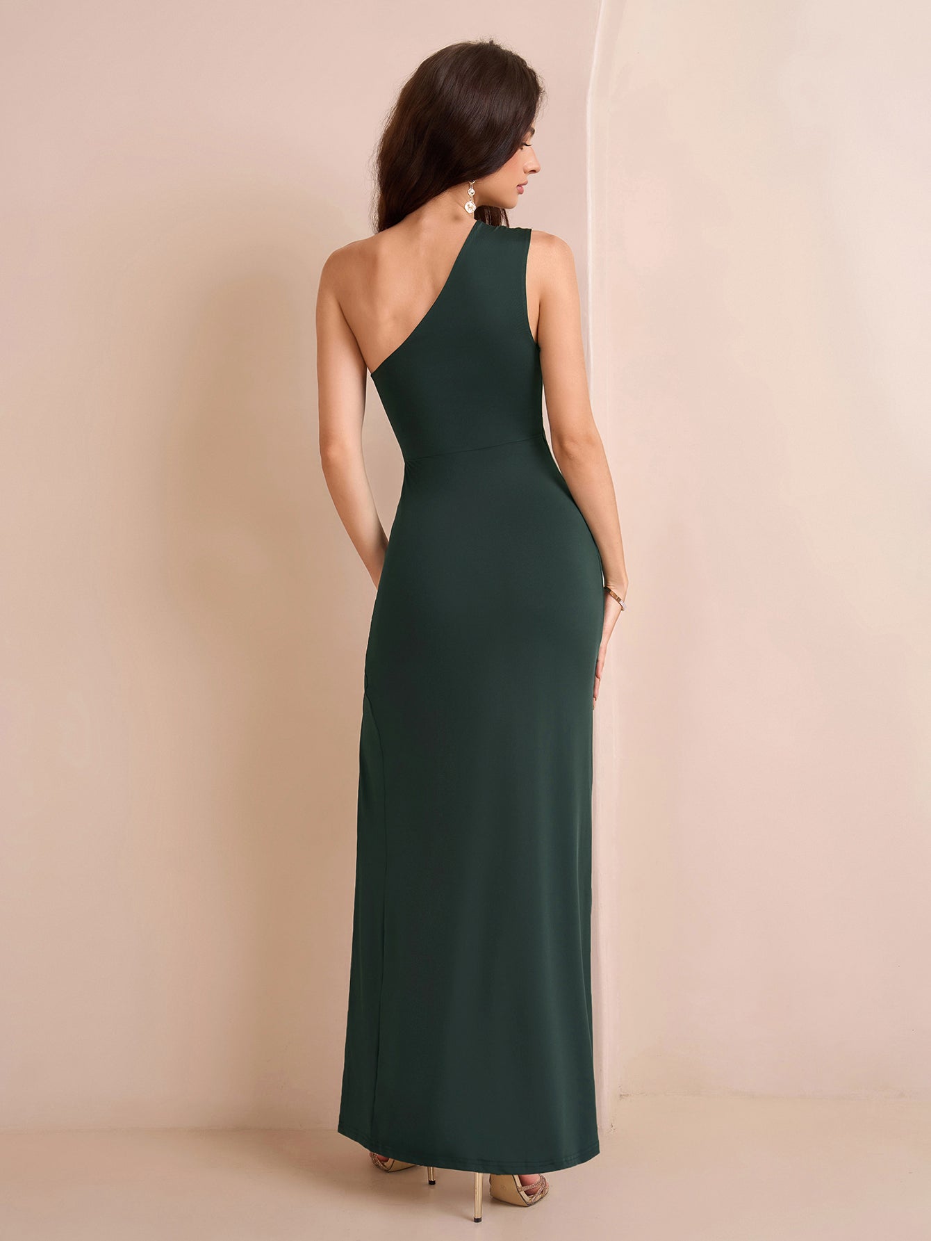 One Shoulder Ruched Waist Split Thigh Solid Dress