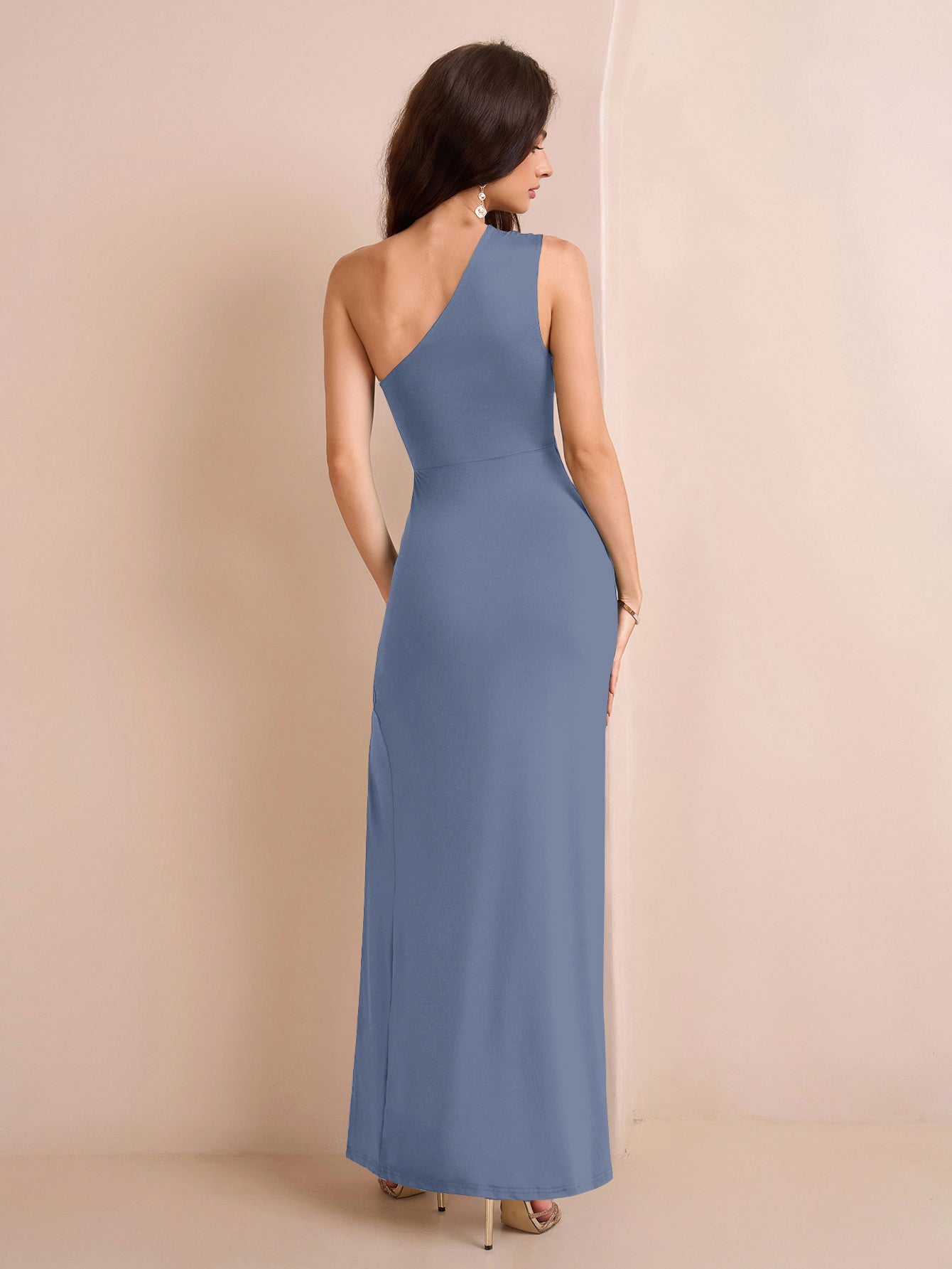 One Shoulder Ruched Waist Split Thigh Solid Dress