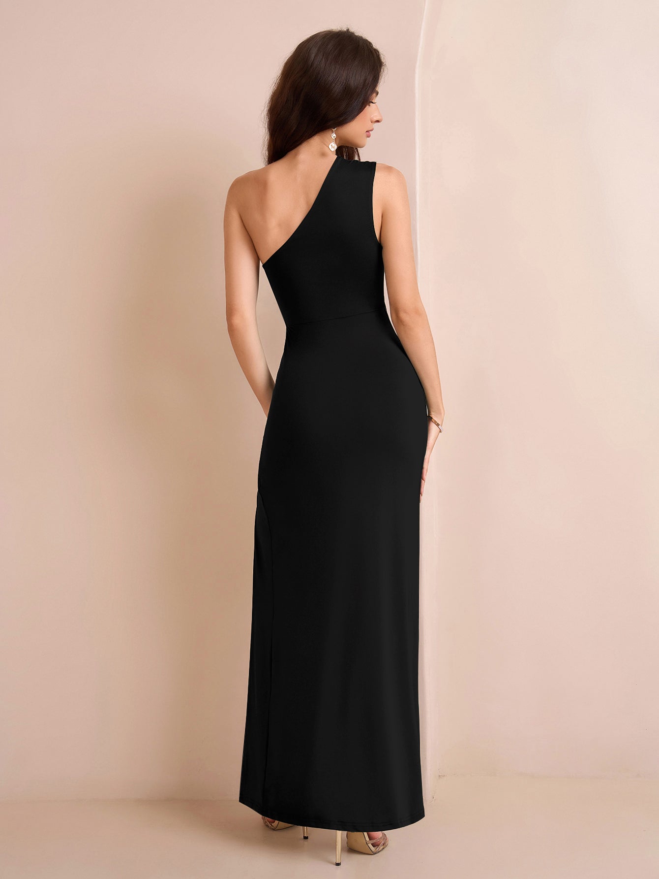 One Shoulder Ruched Waist Split Thigh Solid Dress