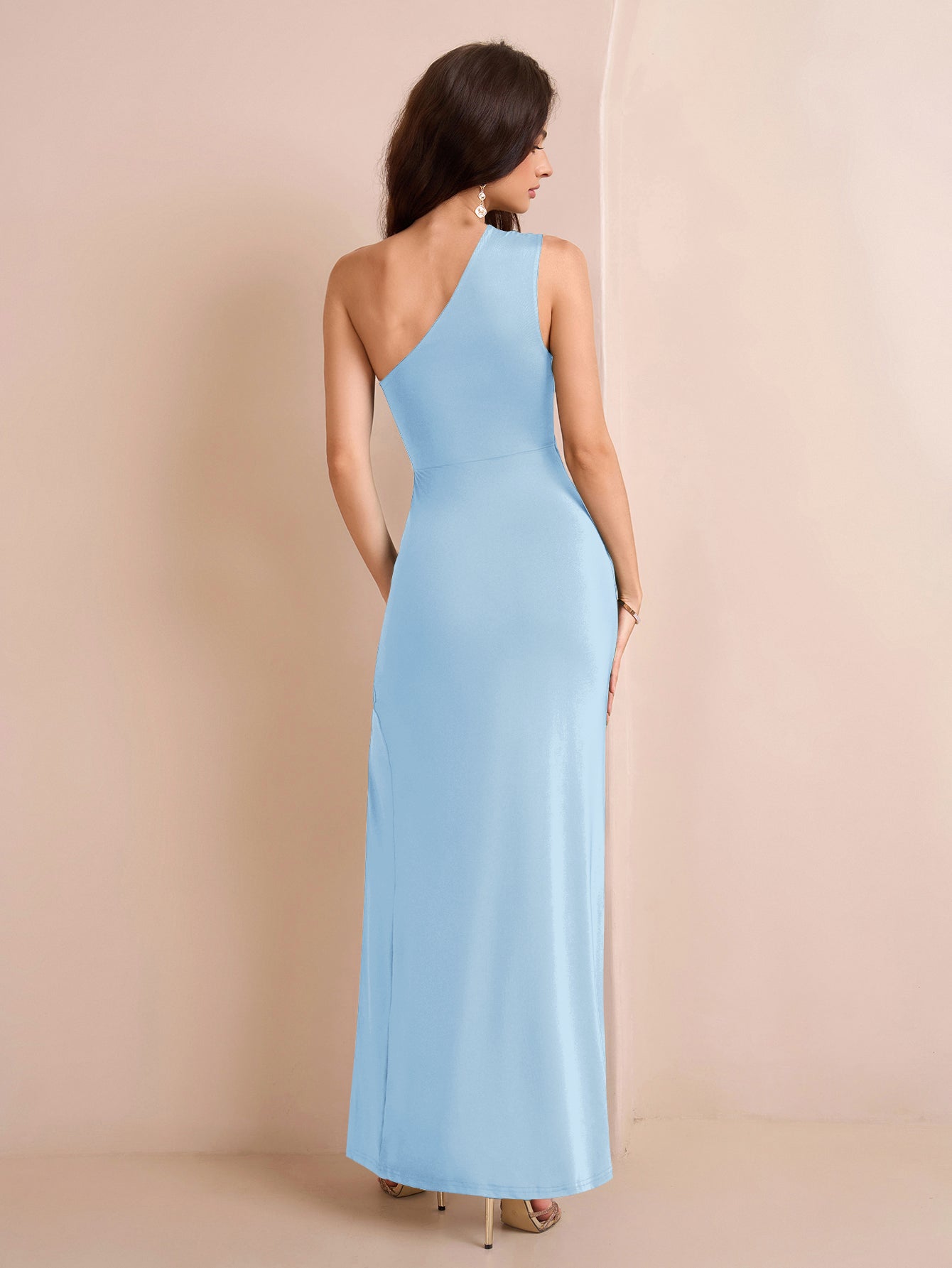 One Shoulder Ruched Waist Split Thigh Solid Dress