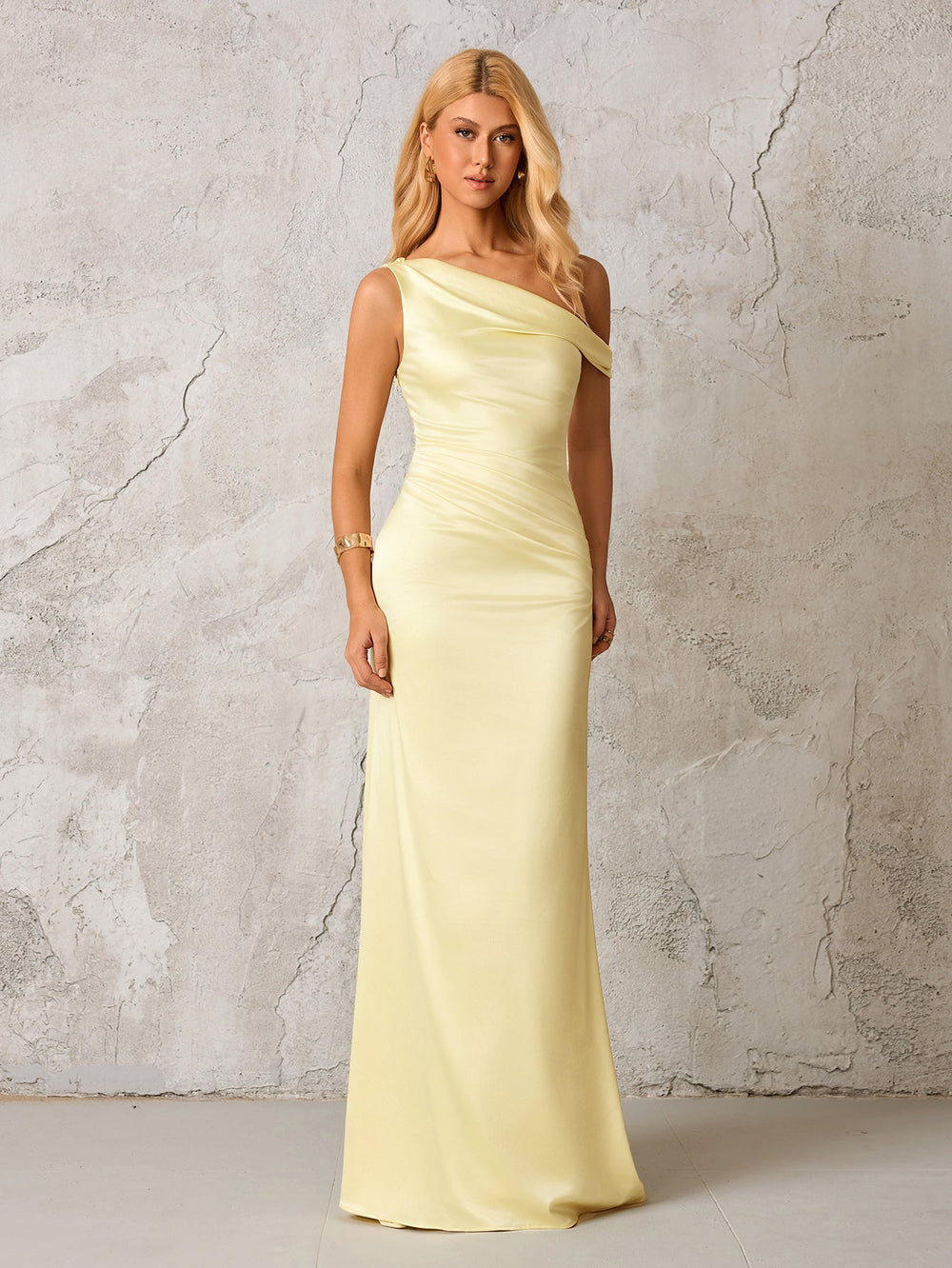 yellow satin one shoulder dress One Shoulder Yellow Soft Satin Fitted Party Dress