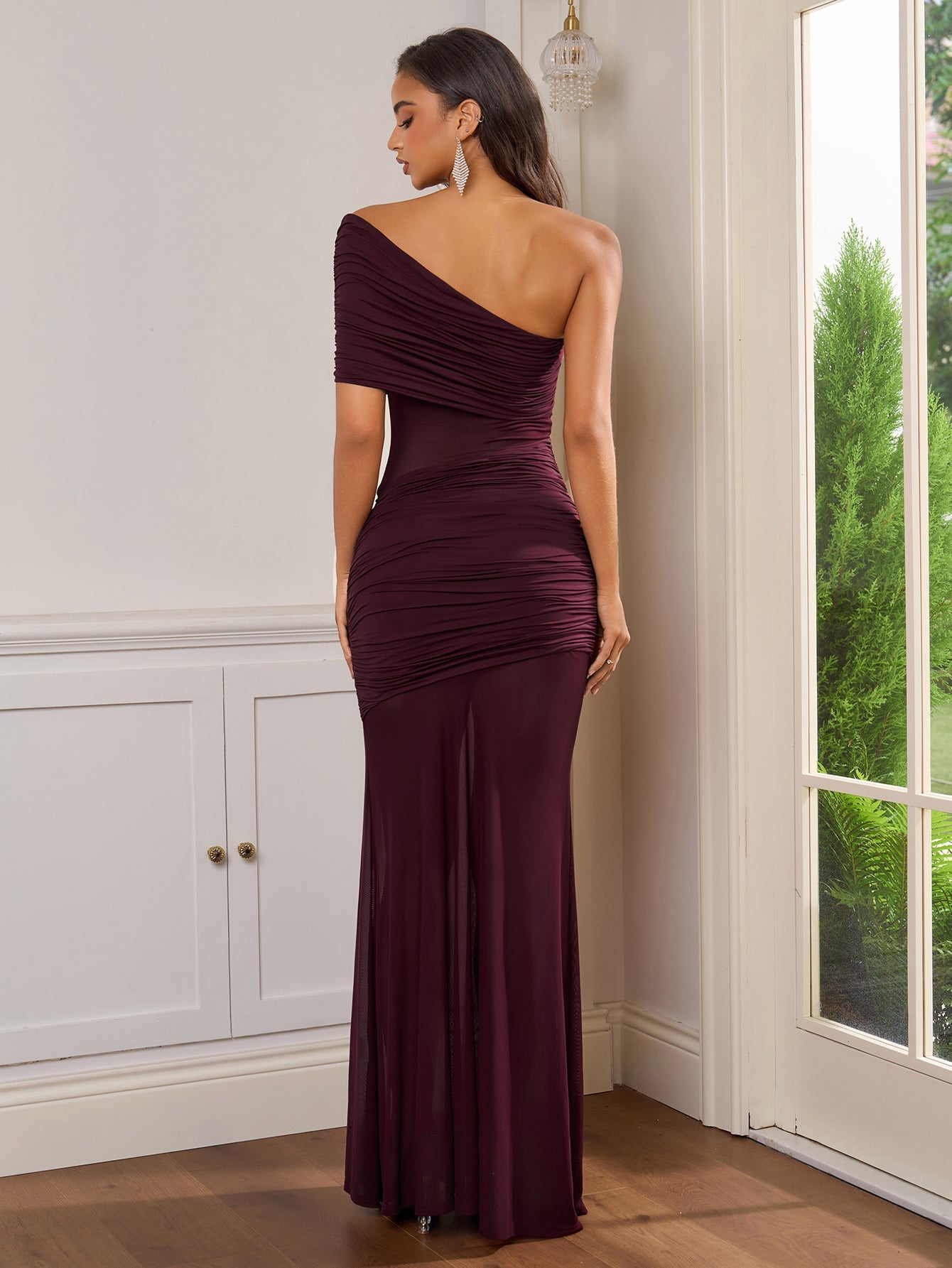 One Shoulder See Through Ruched Bodycon Dress