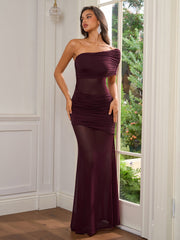One Shoulder See Through Ruched Bodycon Dress