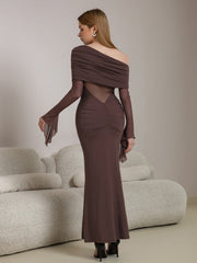 One Shoulder Spliced Ruched Trim Mermaid Mesh Dress