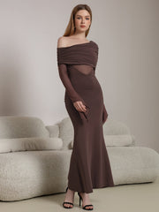 One Shoulder Spliced Ruched Trim Mermaid Mesh Dress