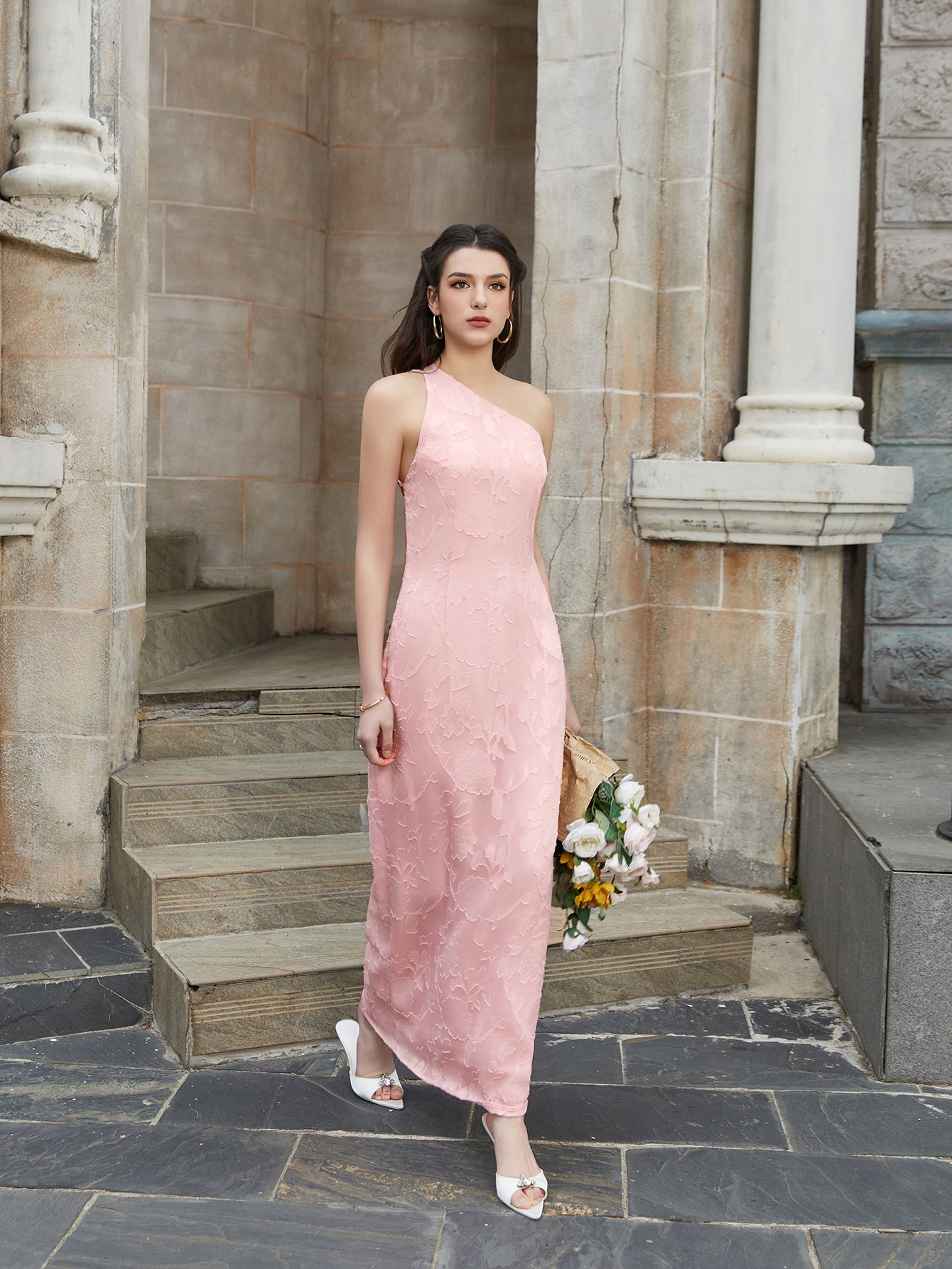 One Shoulder Tie Back Backless Jacquard Long Dress