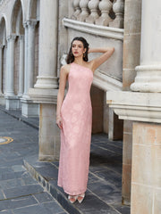 One Shoulder Tie Back Backless Jacquard Long Dress