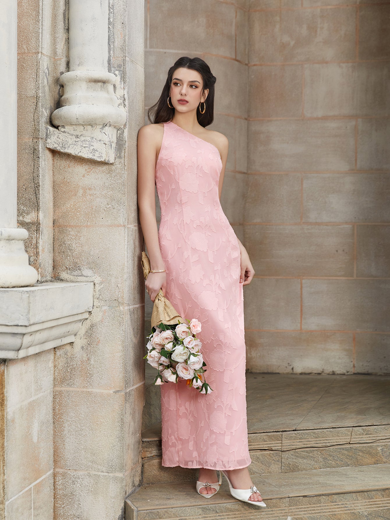 One Shoulder Tie Back Backless Jacquard Long Dress
