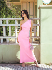 One Shoulder Tie Back Ruched Mermaid Hem Dress