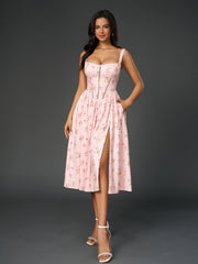 Openwork Split Thigh Pocket Floral Print Dress