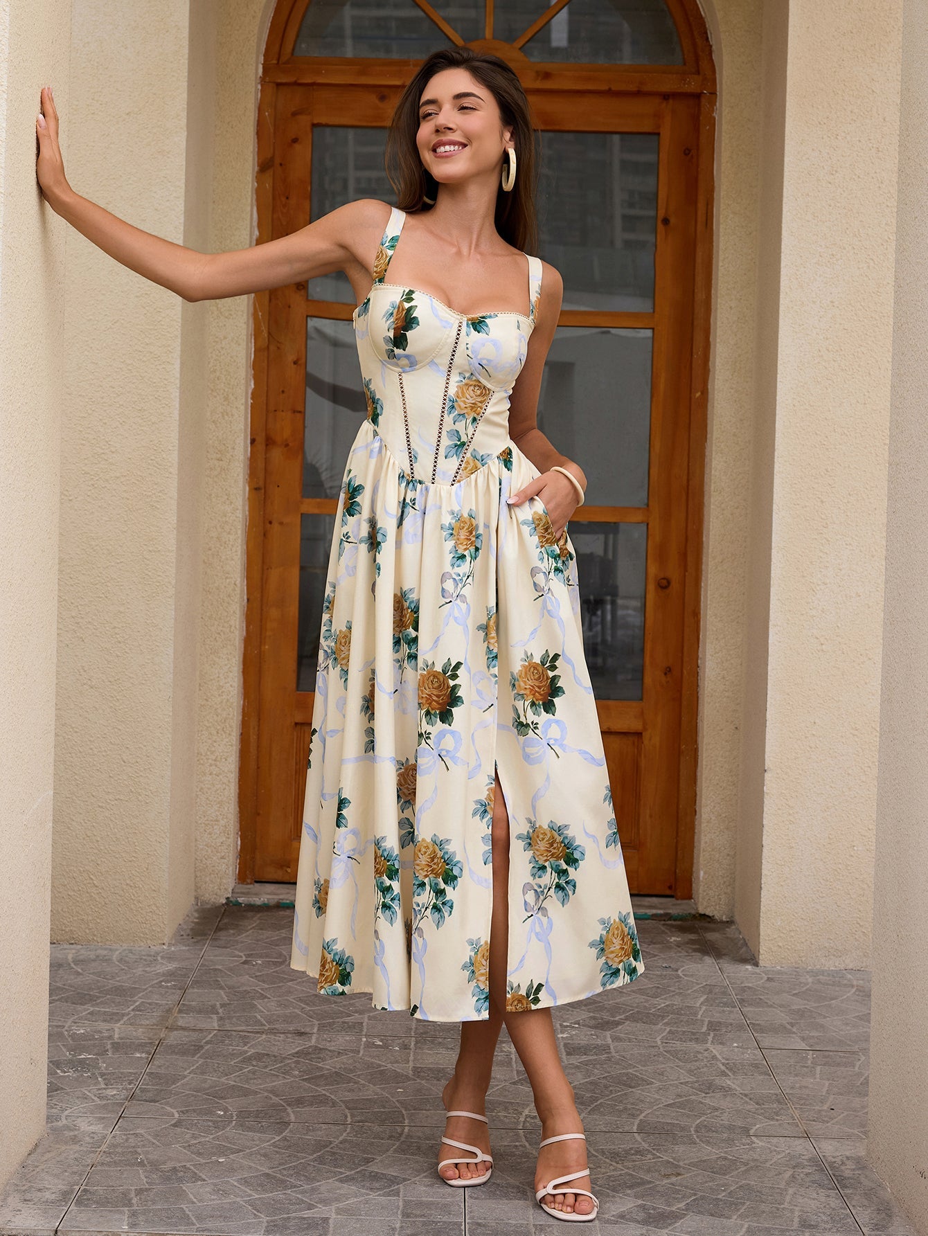 Openwork Split Thigh Pocket Floral Print Dress