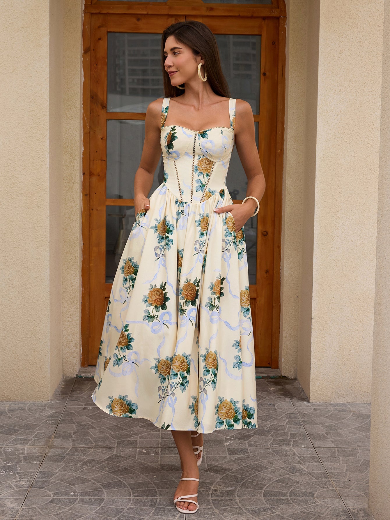 Openwork Split Thigh Pocket Floral Print Dress