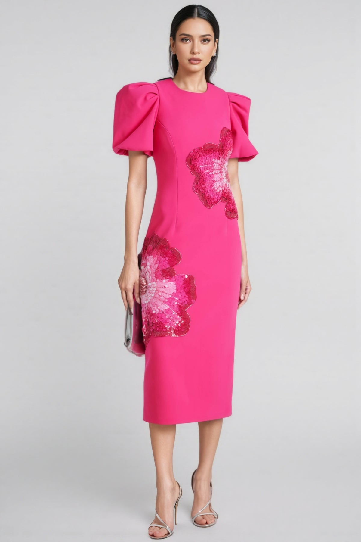 Coralie Puff-Sleeve Embellished Midi Dress