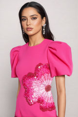 Coralie Puff-Sleeve Embellished Midi Dress