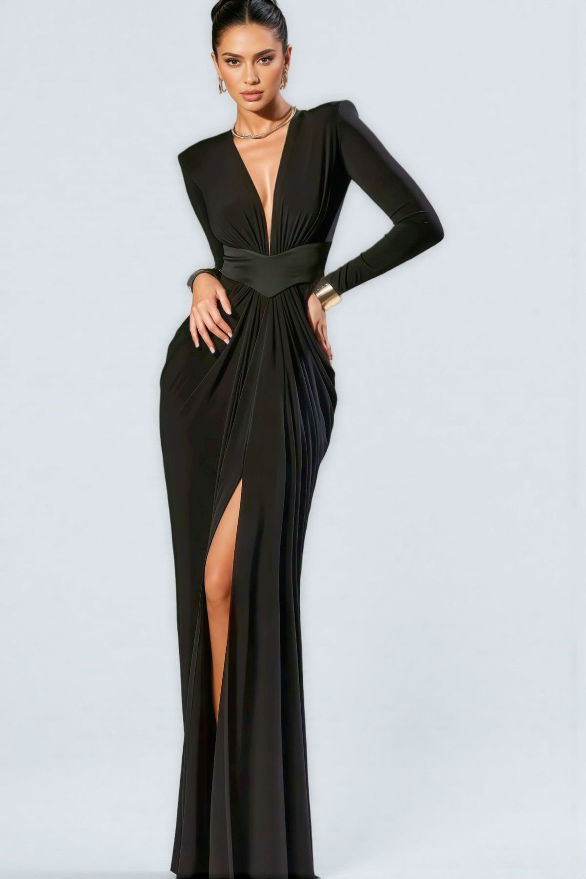 Lynn V-Neck Long Sleeve Split Maxi Dress