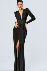 Lynn V-Neck Long Sleeve Split Maxi Dress
