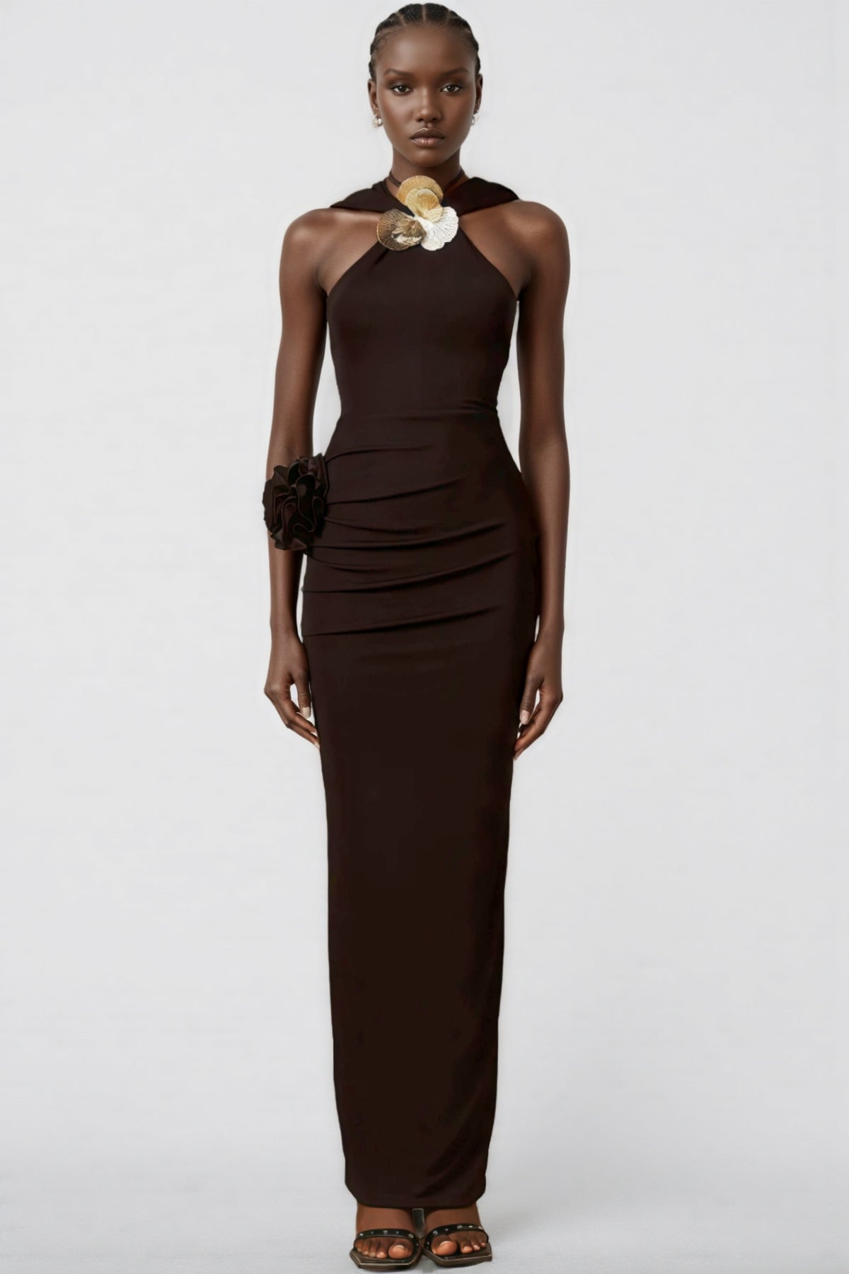 Jaylee Metal 3D Flower Hooded Midi Dress
