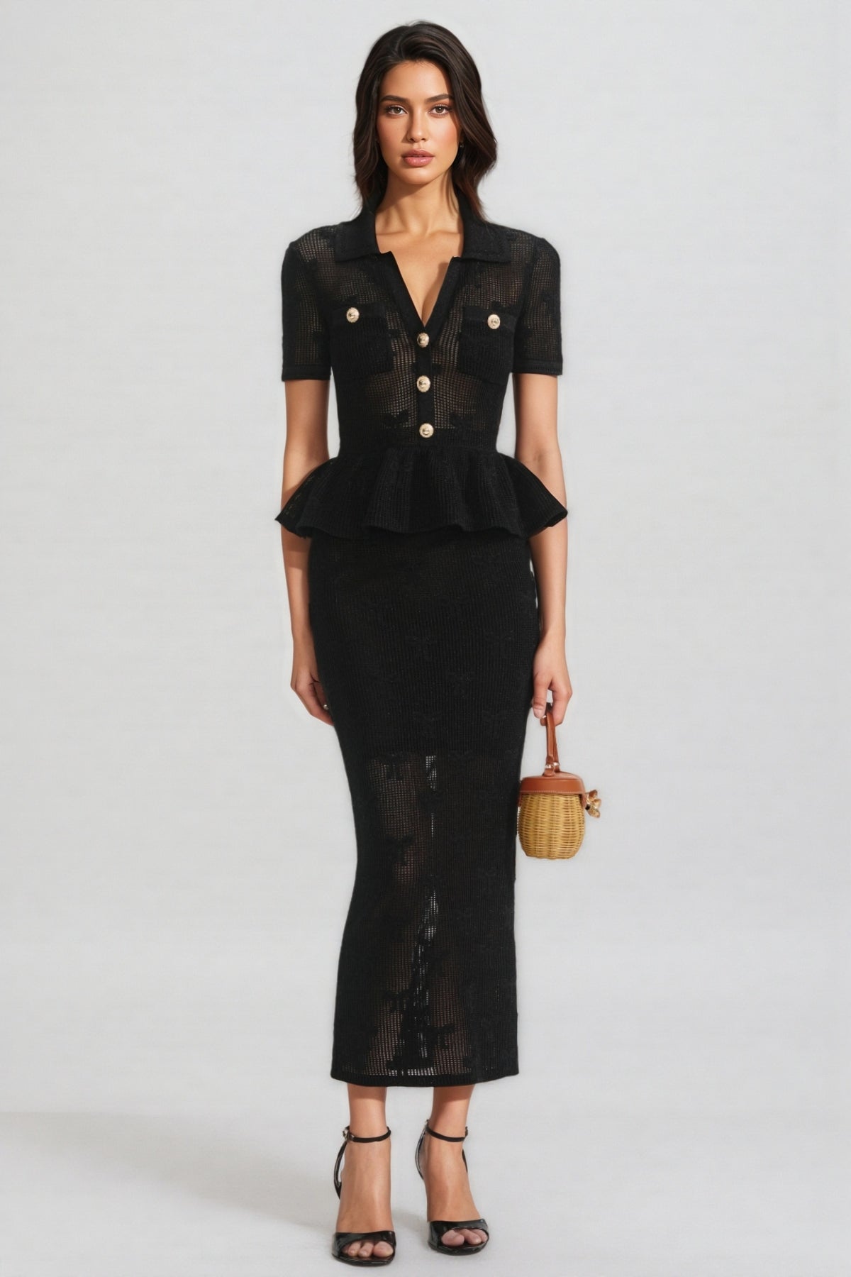 Grayld Black Bow Crochet Midi Dress