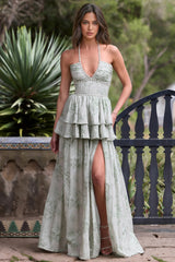 Riven Green Halter Print Maxi Dress