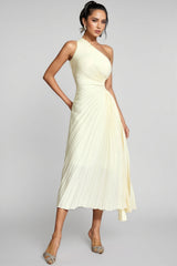 Symons Beige One Shoulder Pleated Maxi Dress