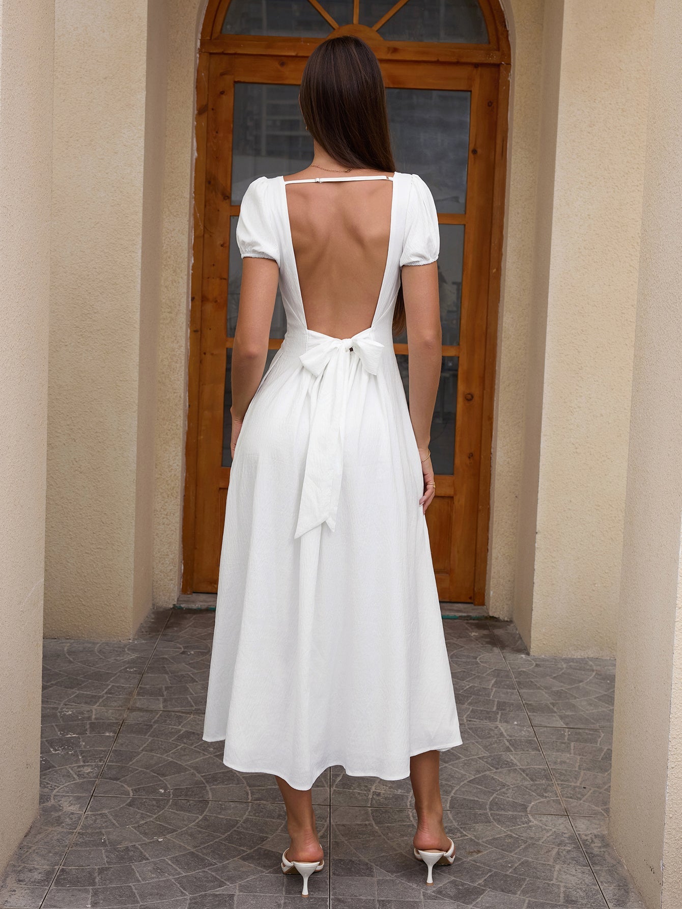 Puff Sleeve Backless Bow Tie Pocket Long Dress