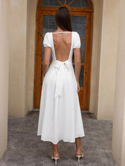 Puff Sleeve Backless Bow Tie Pocket Long Dress