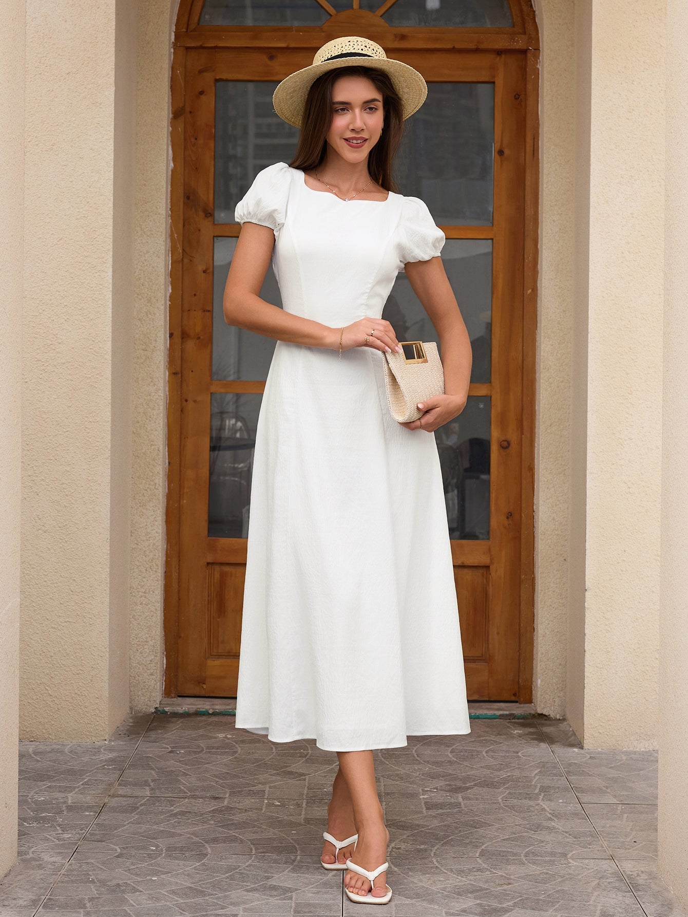 Puff Sleeve Backless Bow Tie Pocket Long Dress