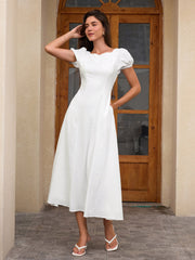 Puff Sleeve Backless Bow Tie Pocket Long Dress