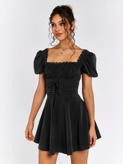 Puff Sleeve Lace Trim Backless Mini Dress