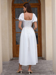 Puff Sleeve Lace Trim Ruched With Pockets Midi Dress
