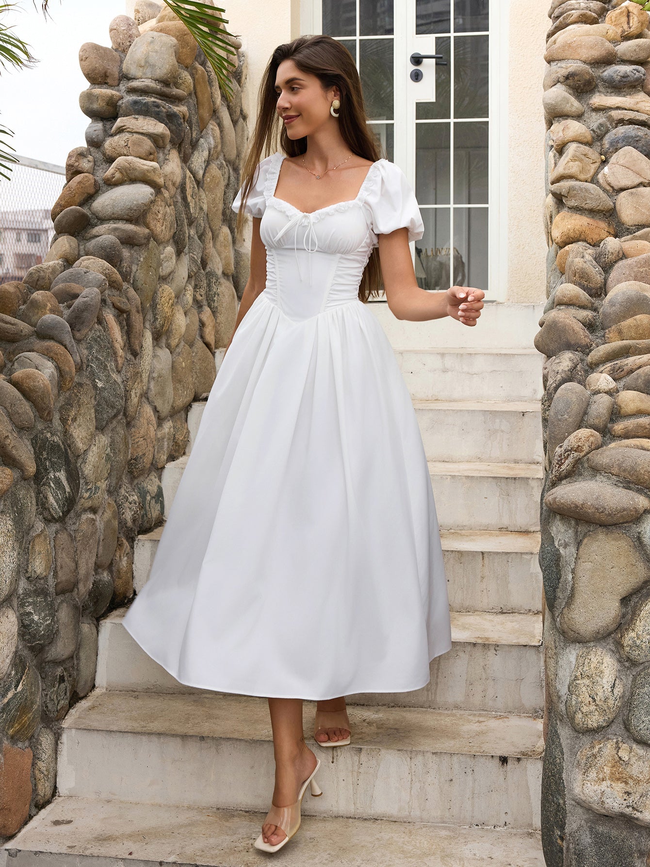 Puff Sleeve Lace Trim Ruched With Pockets Midi Dress