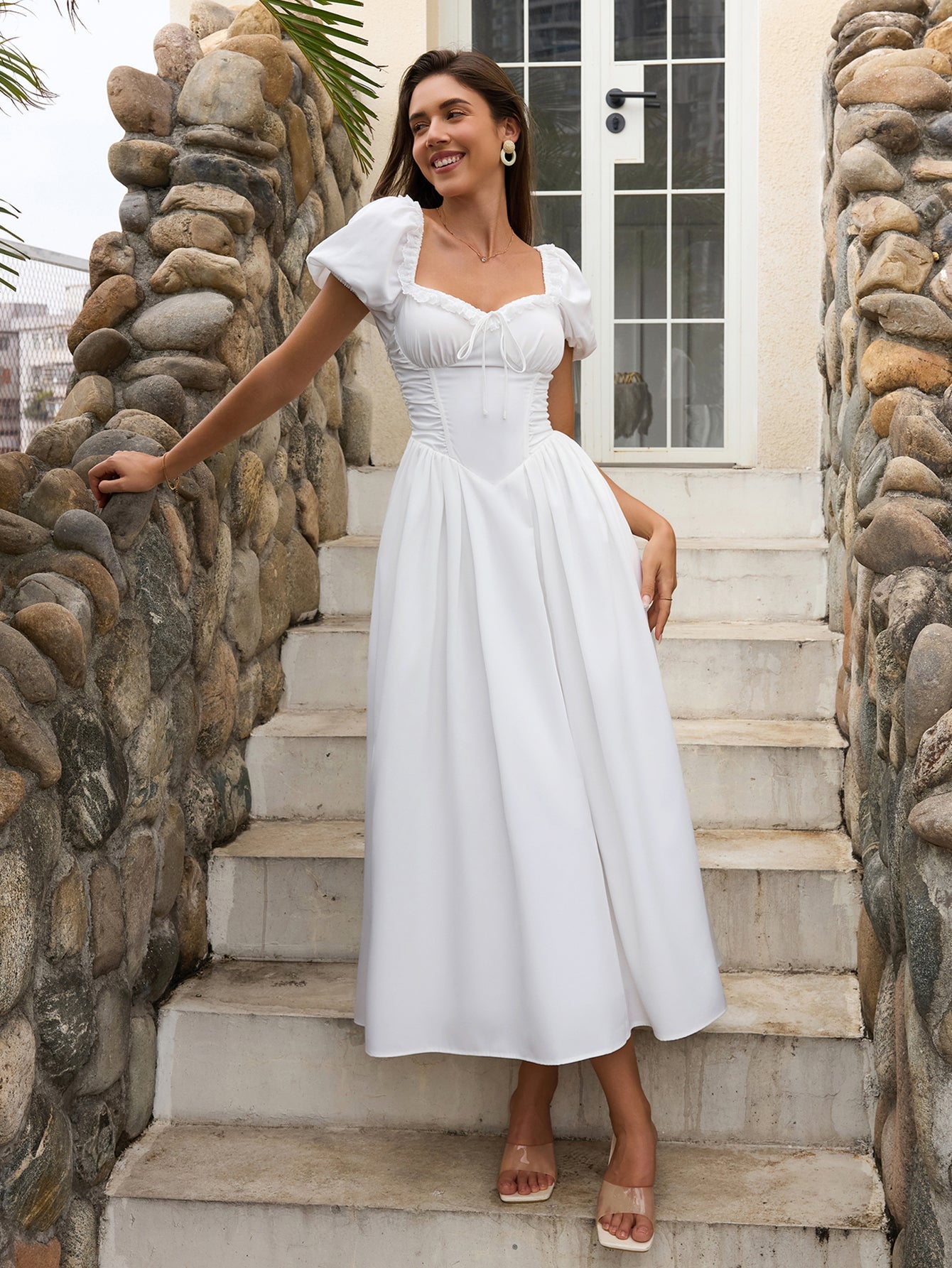 Puff Sleeve Lace Trim Ruched With Pockets Midi Dress