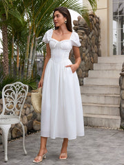 Puff Sleeve Lace Trim Ruched With Pockets Midi Dress